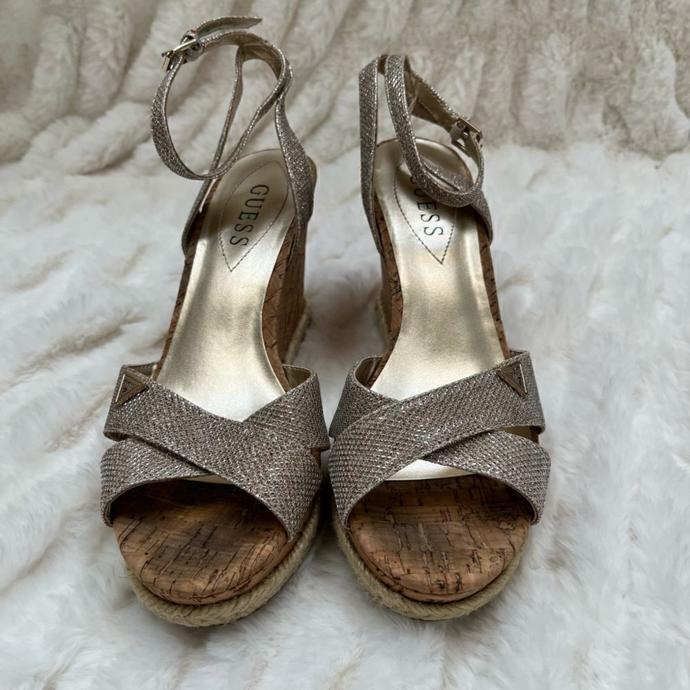 Guess Gold Metallic Wedge Sandals, Size 8